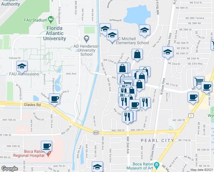 map of restaurants, bars, coffee shops, grocery stores, and more near 1980 Northwest 4th Avenue in Boca Raton