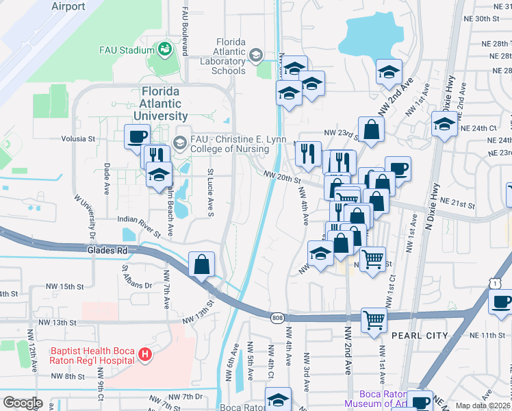 map of restaurants, bars, coffee shops, grocery stores, and more near EL Rio Trail in Boca Raton