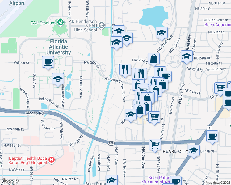 map of restaurants, bars, coffee shops, grocery stores, and more near 480 Northwest 20th Street in Boca Raton