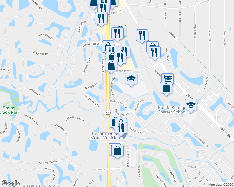 map of restaurants, bars, coffee shops, grocery stores, and more near 8811 Springwood Court in Bonita Springs