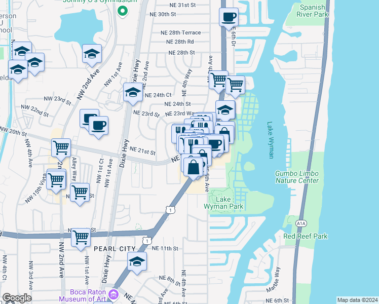 map of restaurants, bars, coffee shops, grocery stores, and more near 480 Northeast 20th Street in Boca Raton