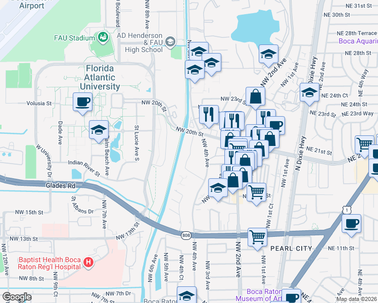 map of restaurants, bars, coffee shops, grocery stores, and more near 480 Northeast 20th Street in Boca Raton