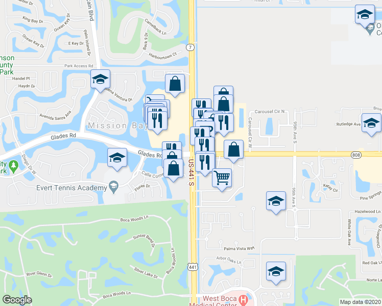 map of restaurants, bars, coffee shops, grocery stores, and more near 10075 Glades Road in Boca Raton
