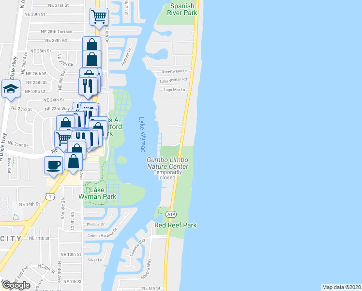 map of restaurants, bars, coffee shops, grocery stores, and more near 2000 North Ocean Boulevard in Boca Raton