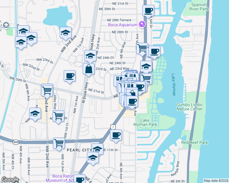 map of restaurants, bars, coffee shops, grocery stores, and more near 2116 Northeast 4th Court in Boca Raton