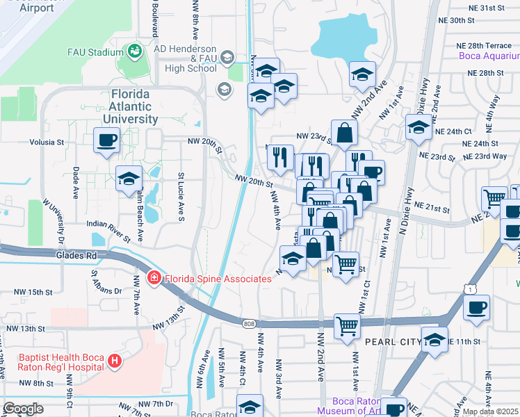 map of restaurants, bars, coffee shops, grocery stores, and more near 480 Northeast 20th Street in Boca Raton