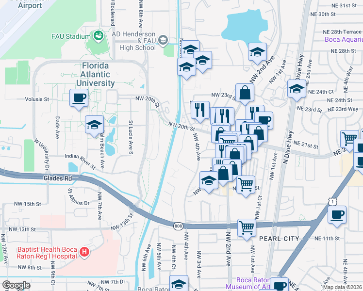 map of restaurants, bars, coffee shops, grocery stores, and more near 480 Northeast 20th Street in Boca Raton
