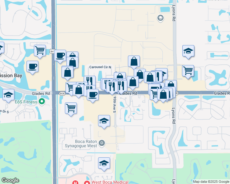 map of restaurants, bars, coffee shops, grocery stores, and more near Glades Road & 95th Avenue South in Boca Raton
