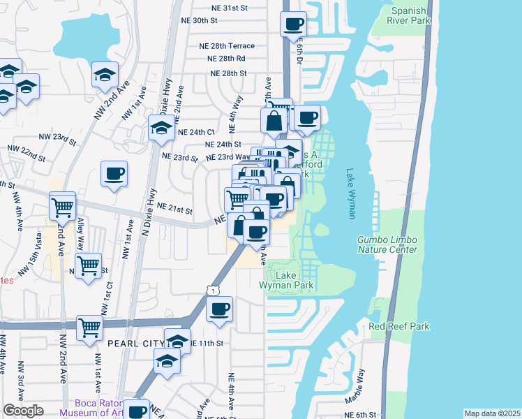 map of restaurants, bars, coffee shops, grocery stores, and more near North Federal Highway & Northeast 20th Street in Boca Raton