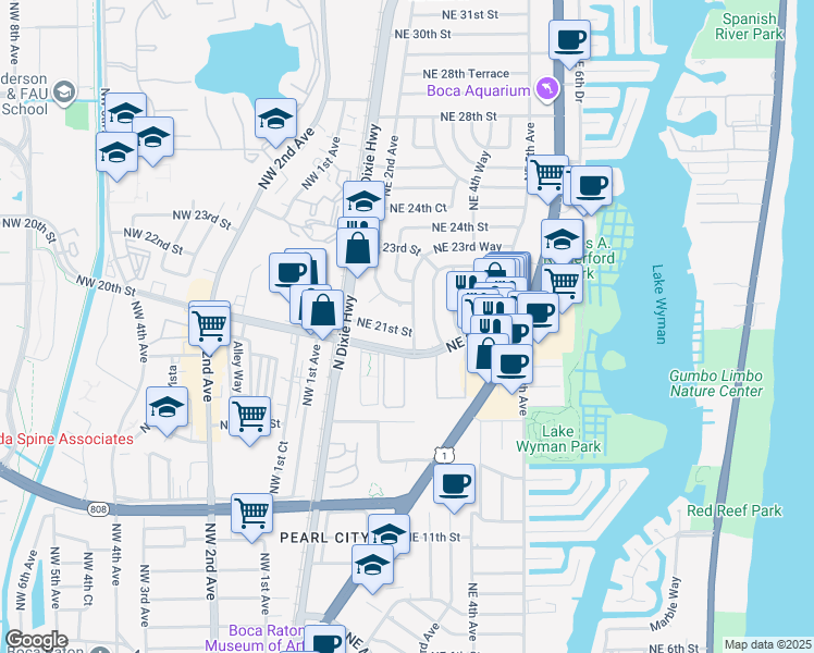 map of restaurants, bars, coffee shops, grocery stores, and more near 299 Northeast 21st Street in Boca Raton