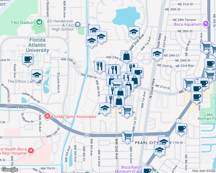 map of restaurants, bars, coffee shops, grocery stores, and more near 250 Northwest 20th Street in Boca Raton