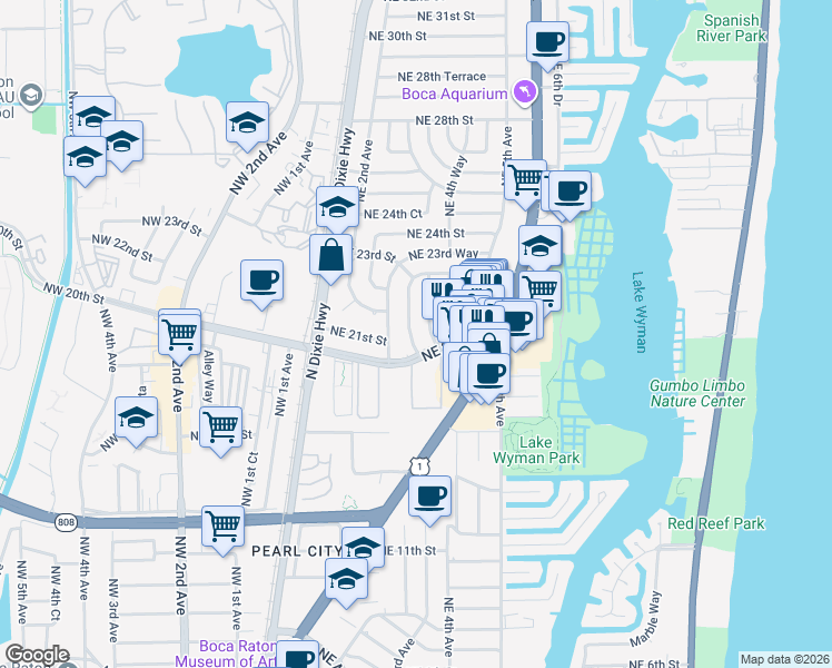 map of restaurants, bars, coffee shops, grocery stores, and more near 2116 Northeast 4th Court in Boca Raton