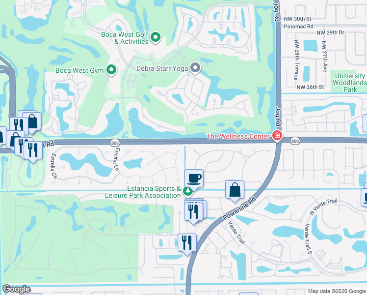map of restaurants, bars, coffee shops, grocery stores, and more near 20894 Escudo Drive in Boca Raton
