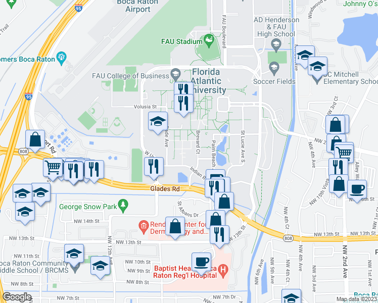 map of restaurants, bars, coffee shops, grocery stores, and more near 815 Indian River Street in Boca Raton