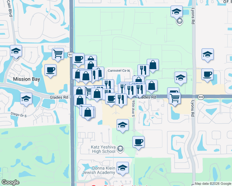 map of restaurants, bars, coffee shops, grocery stores, and more near 9654 Carousel Circle South in Boca Raton