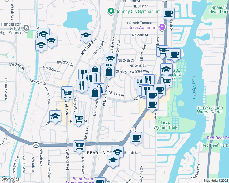 map of restaurants, bars, coffee shops, grocery stores, and more near 185 Northeast 21st Street in Boca Raton
