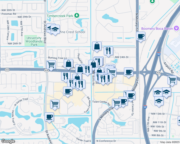 map of restaurants, bars, coffee shops, grocery stores, and more near 2333 Glades Road in Boca Raton