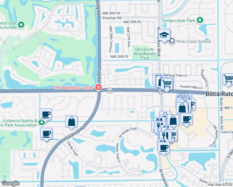 map of restaurants, bars, coffee shops, grocery stores, and more near 20833 Sonrisa Way in Boca Raton