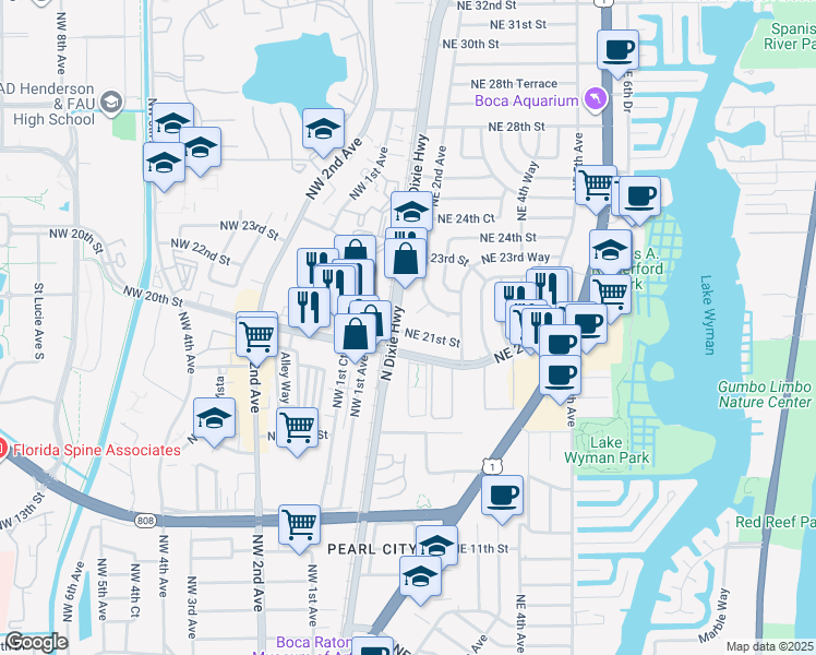 map of restaurants, bars, coffee shops, grocery stores, and more near 125 Northeast 21st Street in Boca Raton