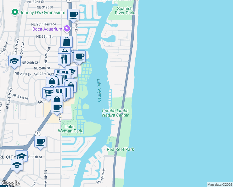map of restaurants, bars, coffee shops, grocery stores, and more near 2001 North Ocean Boulevard in Boca Raton