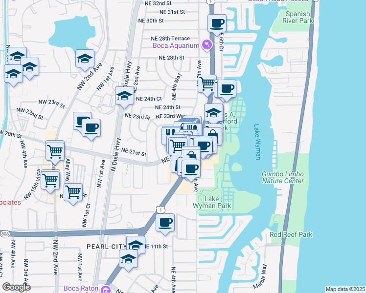 map of restaurants, bars, coffee shops, grocery stores, and more near 479 Northeast 20th Street in Boca Raton