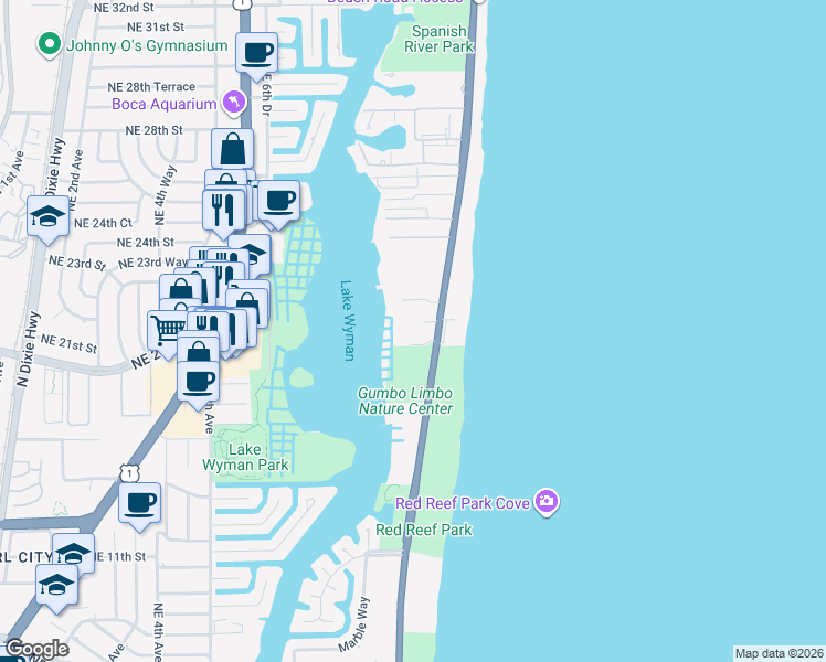map of restaurants, bars, coffee shops, grocery stores, and more near 2001 North Ocean Boulevard in Boca Raton