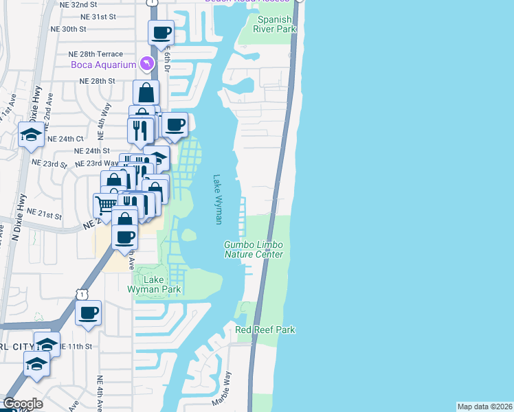 map of restaurants, bars, coffee shops, grocery stores, and more near 2001 North Ocean Boulevard in Boca Raton