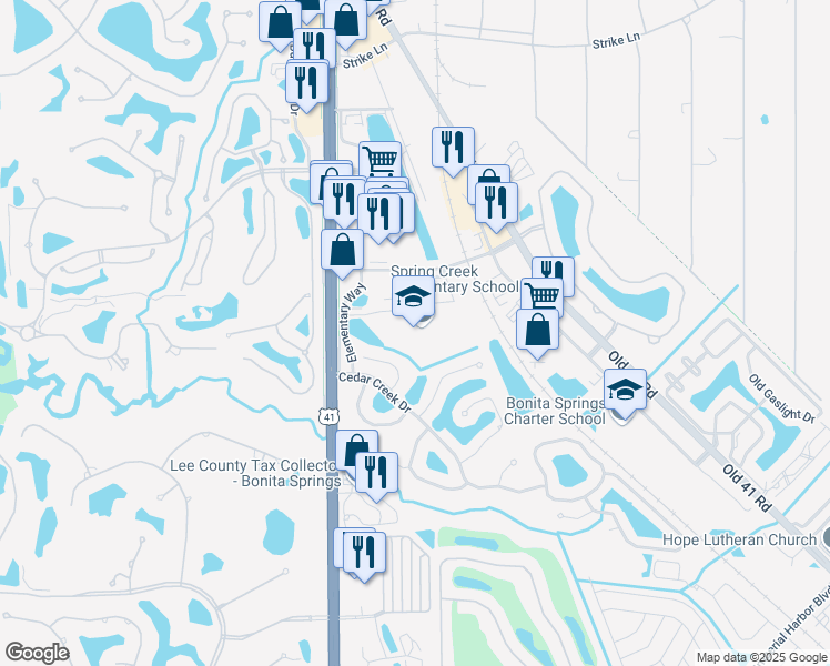 map of restaurants, bars, coffee shops, grocery stores, and more near 25571 Elementary Way in Bonita Springs