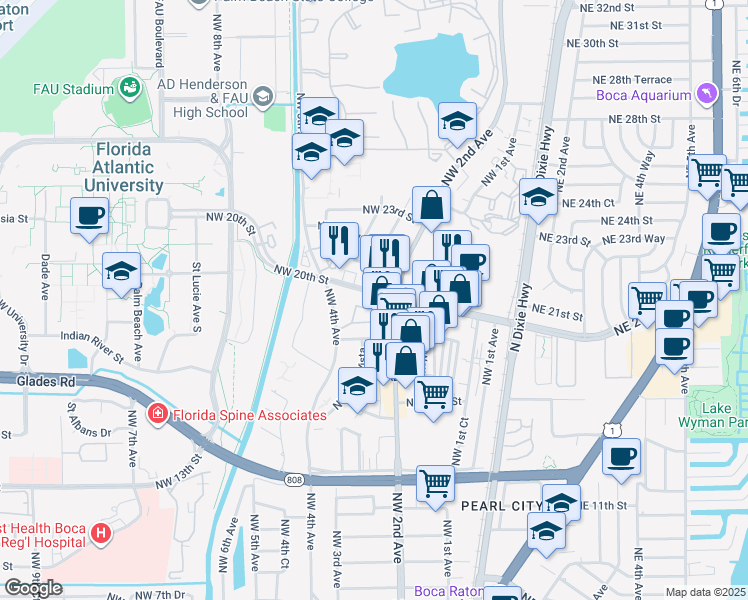 map of restaurants, bars, coffee shops, grocery stores, and more near 250 Northwest 20th Street in Boca Raton