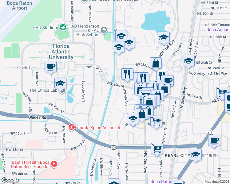 map of restaurants, bars, coffee shops, grocery stores, and more near 490 Northwest 20th Street in Boca Raton