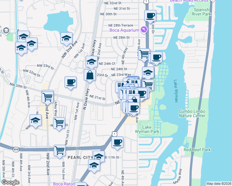 map of restaurants, bars, coffee shops, grocery stores, and more near 2116 Northeast 4th Court in Boca Raton
