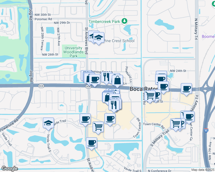 map of restaurants, bars, coffee shops, grocery stores, and more near Town Center in Boca Raton