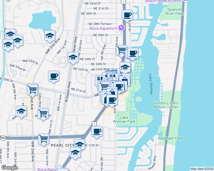 map of restaurants, bars, coffee shops, grocery stores, and more near 479 Northeast 20th Street in Boca Raton