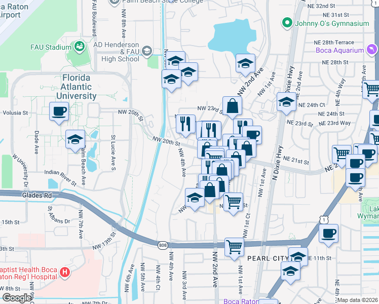 map of restaurants, bars, coffee shops, grocery stores, and more near 1980 Northwest 4th Avenue in Boca Raton