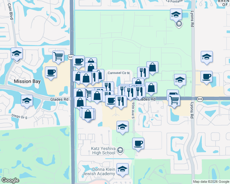 map of restaurants, bars, coffee shops, grocery stores, and more near 9654 Carousel Circle South in Boca Raton