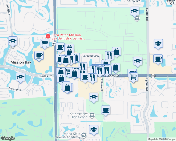 map of restaurants, bars, coffee shops, grocery stores, and more near 9654 Carousel Circle South in Boca Raton
