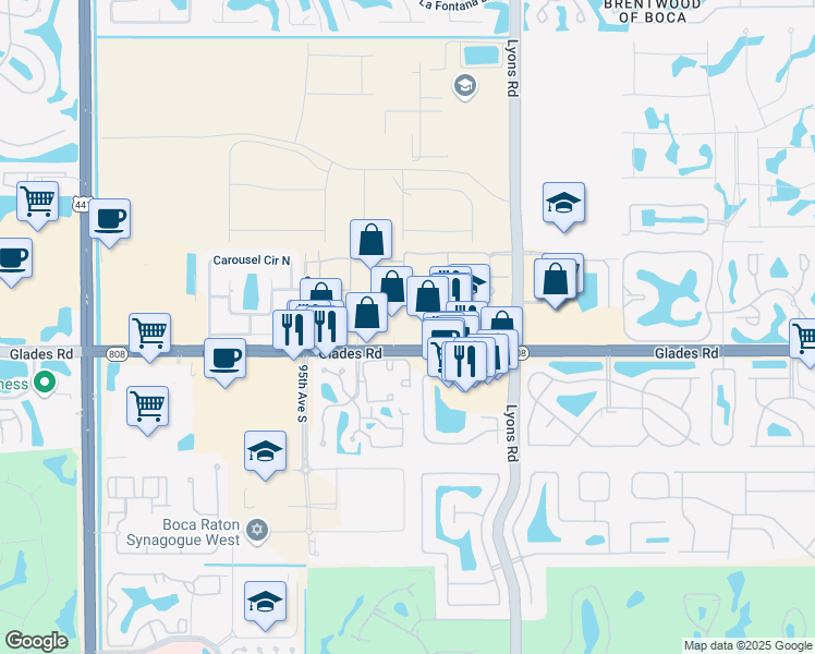 map of restaurants, bars, coffee shops, grocery stores, and more near 9293 Glades Road in Boca Raton