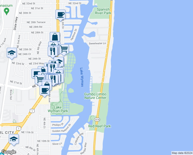 map of restaurants, bars, coffee shops, grocery stores, and more near 2001 North Ocean Boulevard in Boca Raton