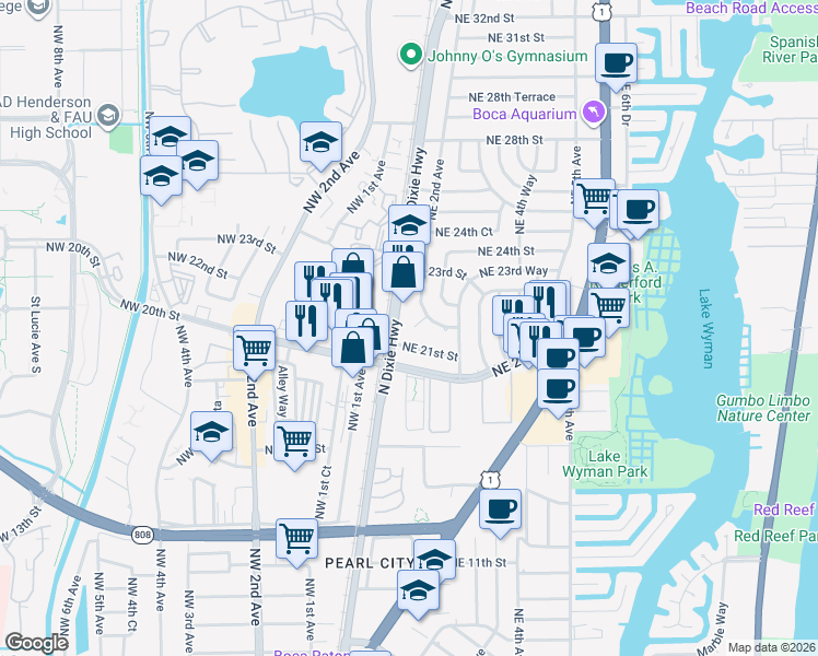 map of restaurants, bars, coffee shops, grocery stores, and more near 185 Northeast 21st Street in Boca Raton