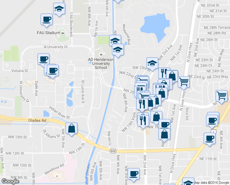 map of restaurants, bars, coffee shops, grocery stores, and more near 480 Northeast 20th Street in Boca Raton