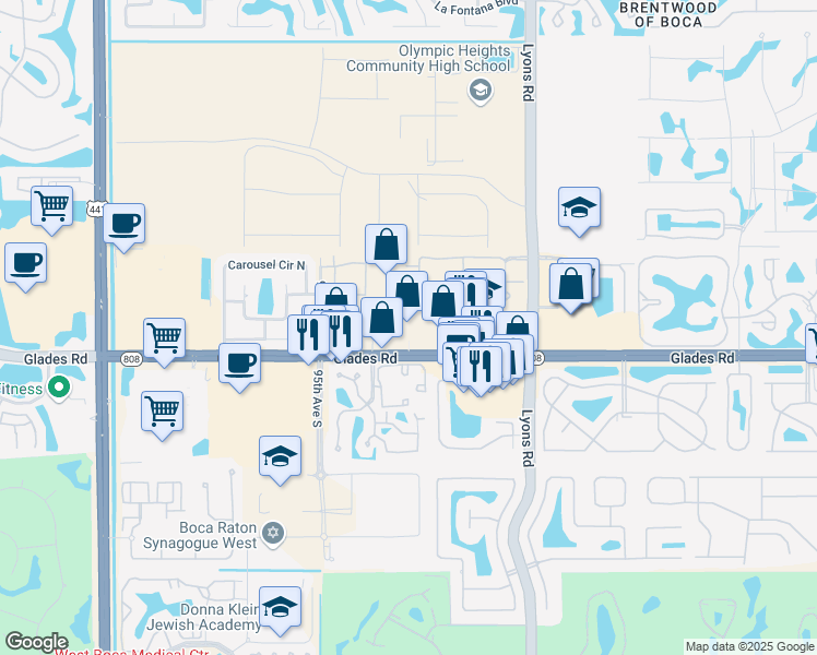 map of restaurants, bars, coffee shops, grocery stores, and more near 9293 Glades Rd in Boca Raton