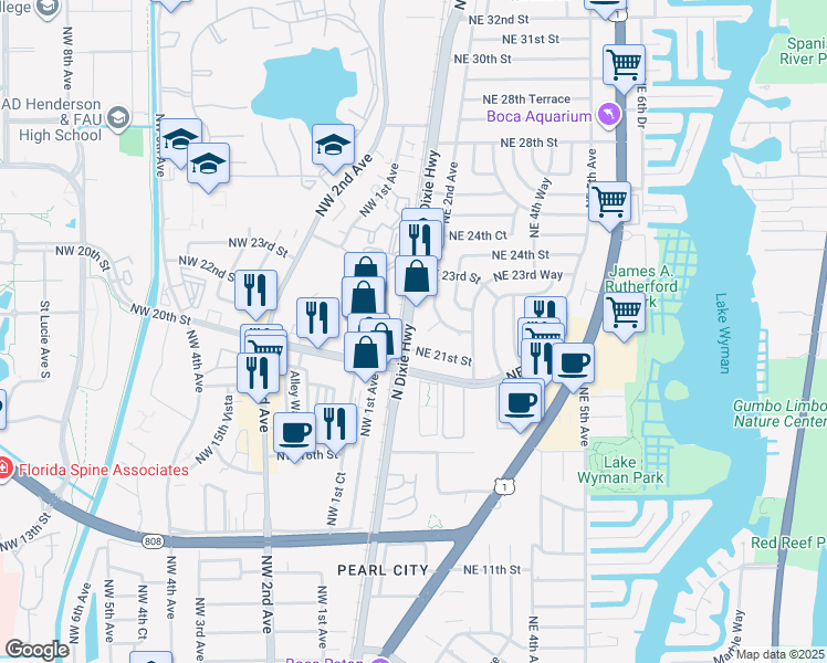 map of restaurants, bars, coffee shops, grocery stores, and more near 125 Northeast 21st Street in Boca Raton