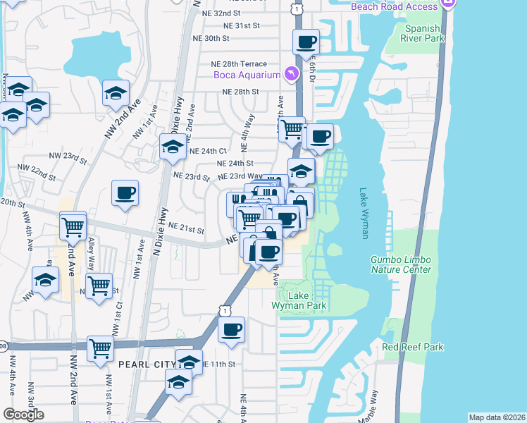 map of restaurants, bars, coffee shops, grocery stores, and more near 479 Northeast 20th Street in Boca Raton