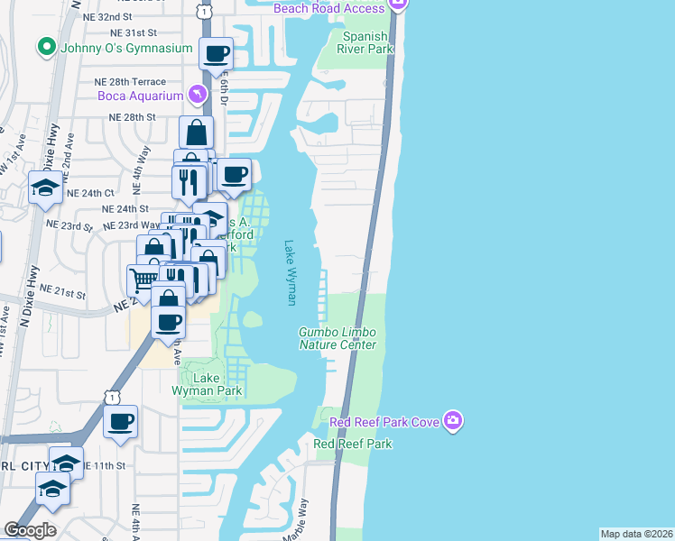 map of restaurants, bars, coffee shops, grocery stores, and more near 2001 North Ocean Boulevard in Boca Raton