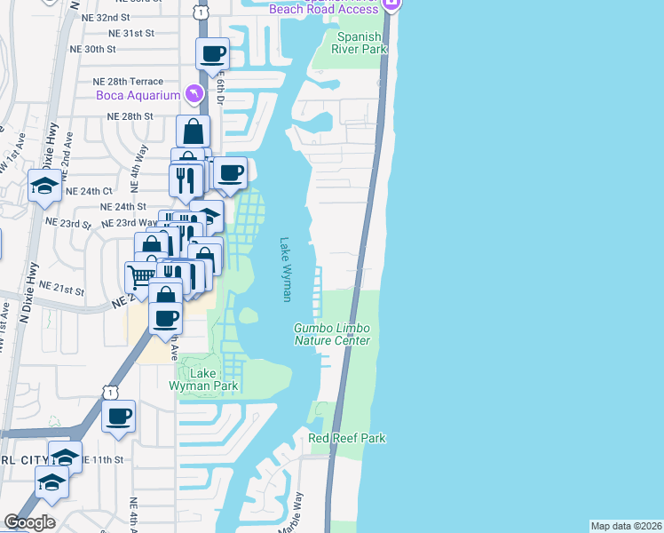 map of restaurants, bars, coffee shops, grocery stores, and more near 2001 North Ocean Boulevard in Boca Raton