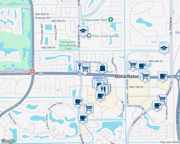 map of restaurants, bars, coffee shops, grocery stores, and more near 1 Saint Cloud Lane in Boca Raton