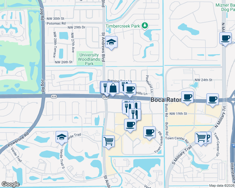 map of restaurants, bars, coffee shops, grocery stores, and more near 1 Saint Cloud Lane in Boca Raton