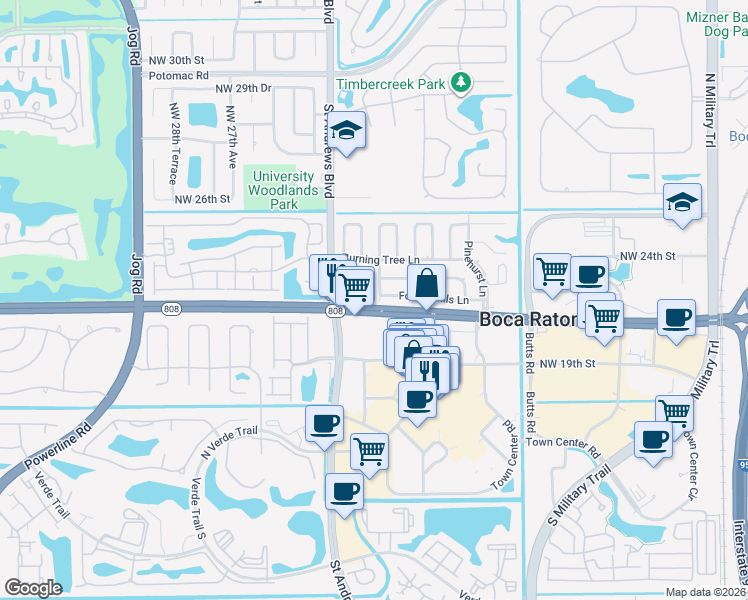 map of restaurants, bars, coffee shops, grocery stores, and more near 1 Saint Cloud Lane in Boca Raton