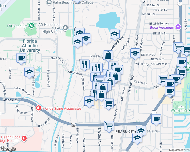 map of restaurants, bars, coffee shops, grocery stores, and more near 250 Northwest 20th Street in Boca Raton