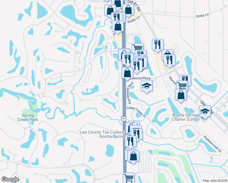 map of restaurants, bars, coffee shops, grocery stores, and more near 25411 Alicante Drive in Bonita Springs